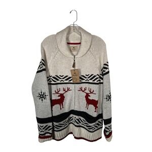 Cream Fair Isle Full Zip Red Reindeer Wool Blend Cardigan Gorpcore Sweater XL